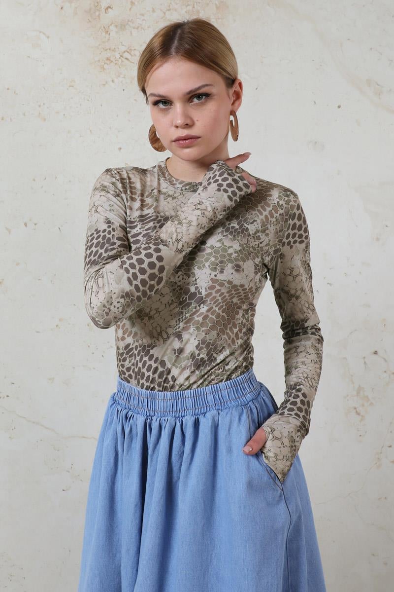 Parmaklı Yılan Desen Body Haki