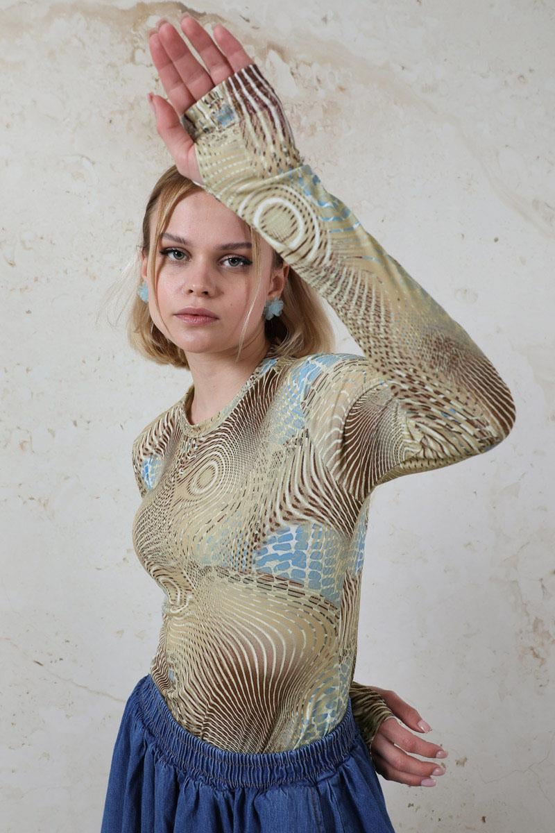 Parmaklı Yılan Desen Body Mavi