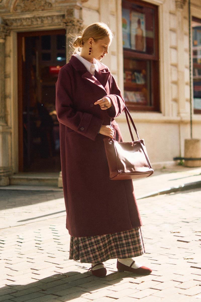 Pens Detaylı Kruvaze Kaban Bordo