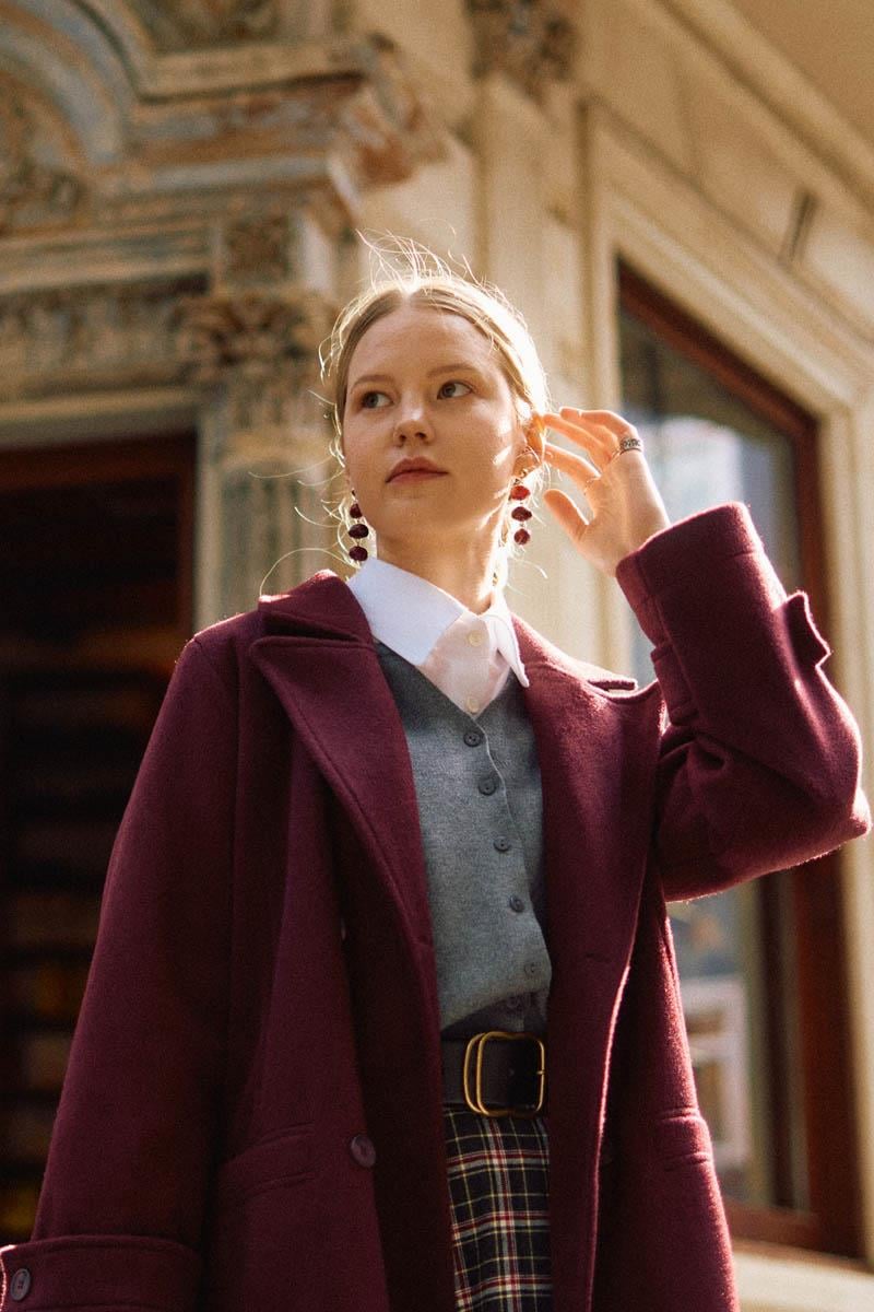 Pens Detaylı Kruvaze Kaban Bordo