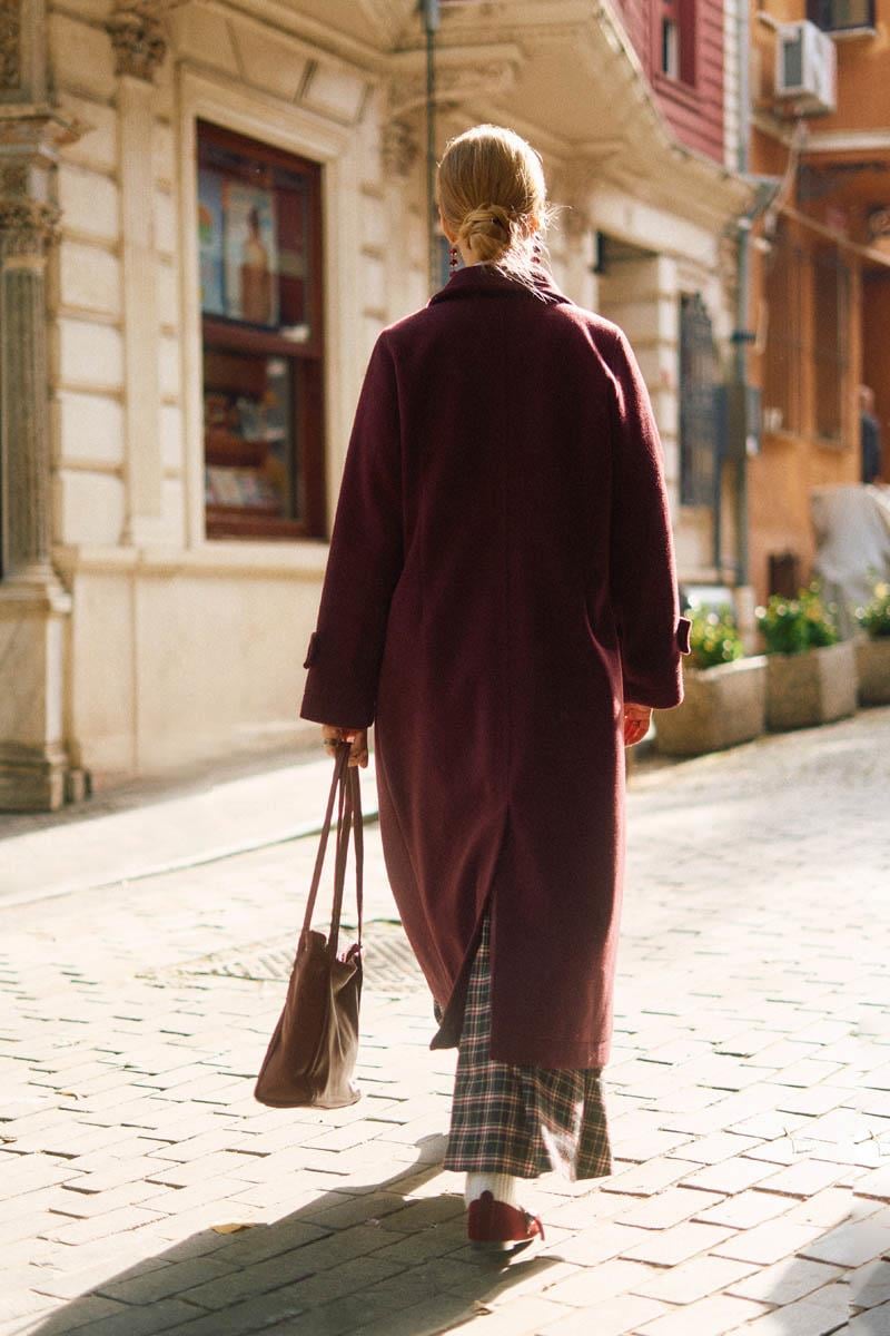 Pens Detaylı Kruvaze Kaban Bordo