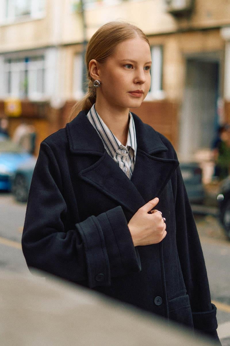 Pens Detaylı Kruvaze Kaban Koyu Lacivert