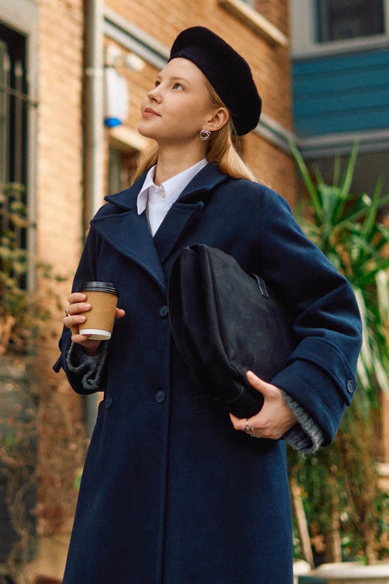 Pens Detaylı Kruvaze Kaban Koyu Lacivert