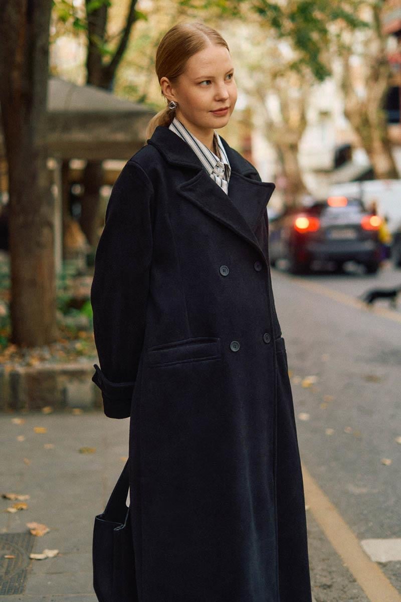 Pens Detaylı Kruvaze Kaban Koyu Lacivert