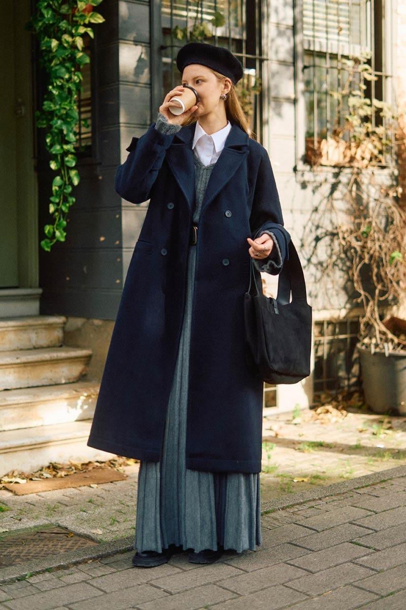 Pens Detaylı Kruvaze Kaban Koyu Lacivert