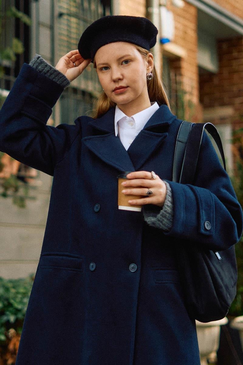 Pens Detaylı Kruvaze Kaban Koyu Lacivert