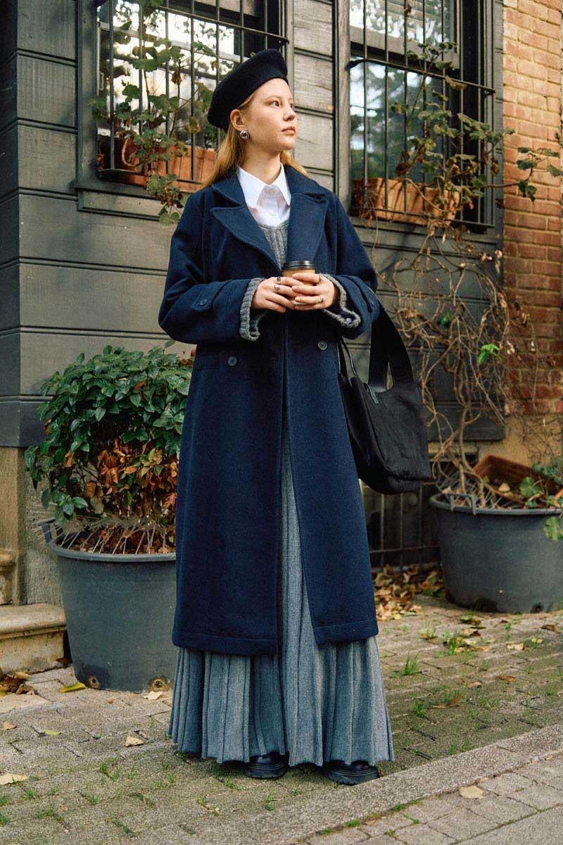 Pens Detaylı Kruvaze Kaban Koyu Lacivert