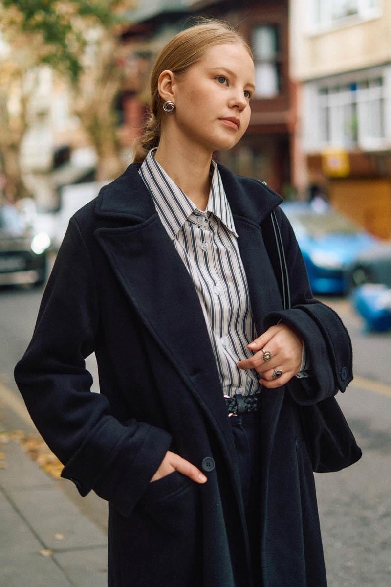 Pens Detaylı Kruvaze Kaban Koyu Lacivert