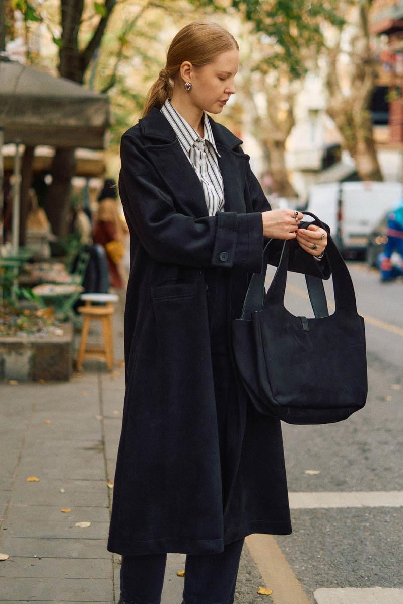 Pens Detaylı Kruvaze Kaban Siyah