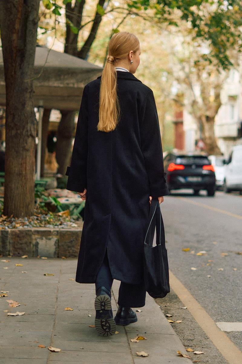 Pens Detaylı Kruvaze Kaban Siyah