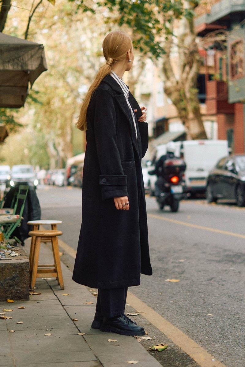 Pens Detaylı Kruvaze Kaban Siyah