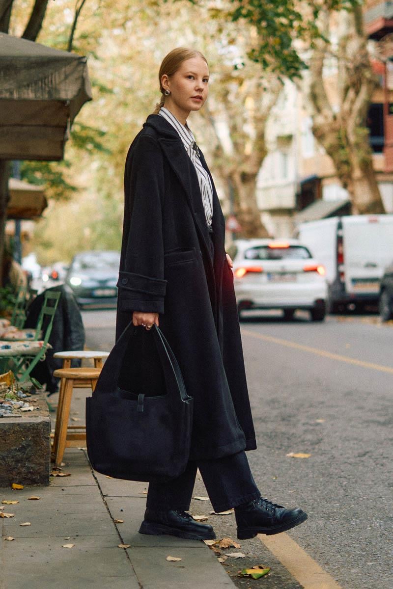 Pens Detaylı Kruvaze Kaban Siyah