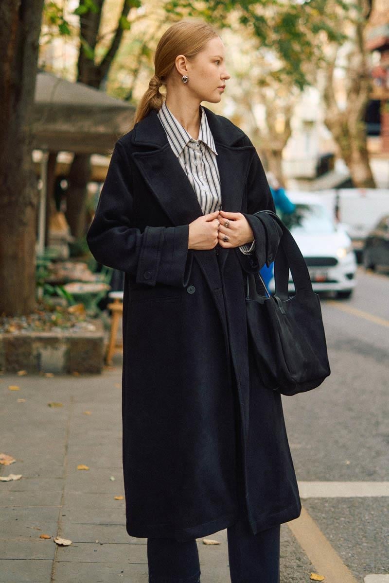 Pens Detaylı Kruvaze Kaban Siyah