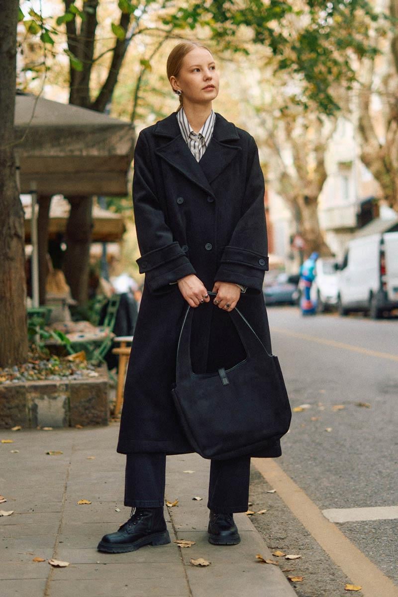 Pens Detaylı Kruvaze Kaban Siyah