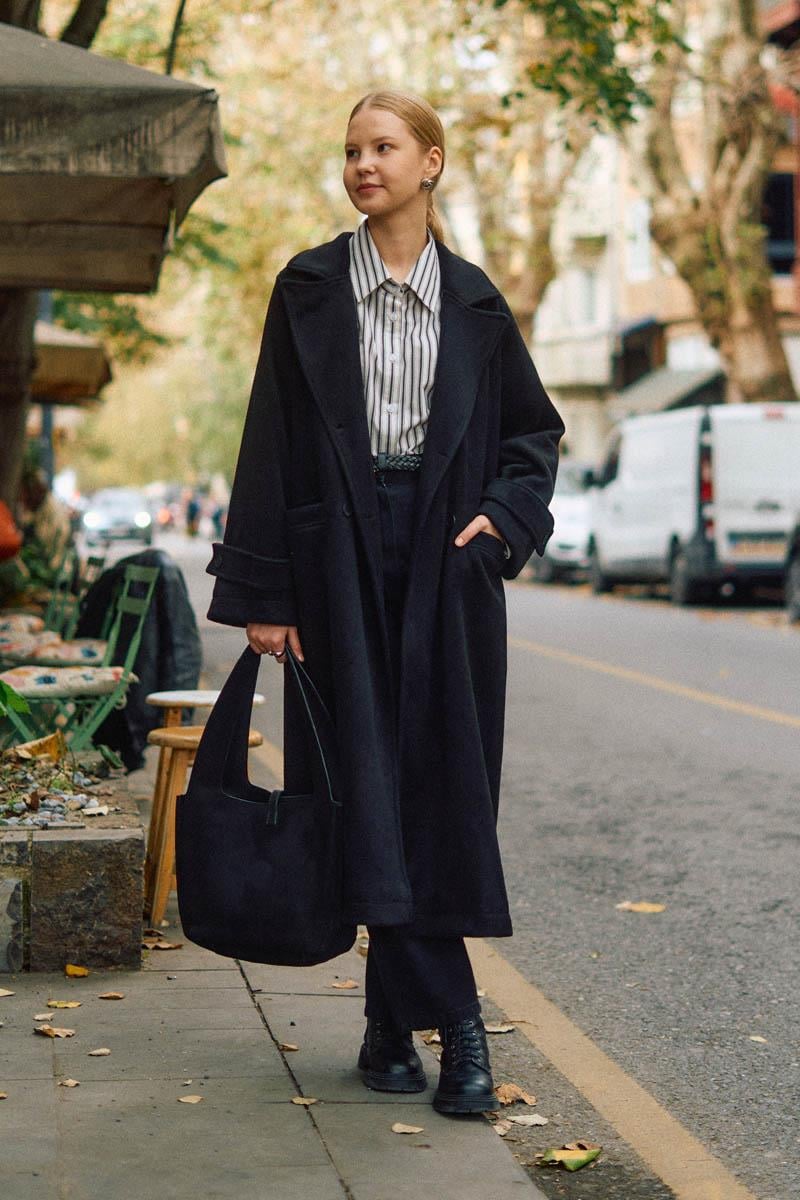 Pens Detaylı Kruvaze Kaban Siyah