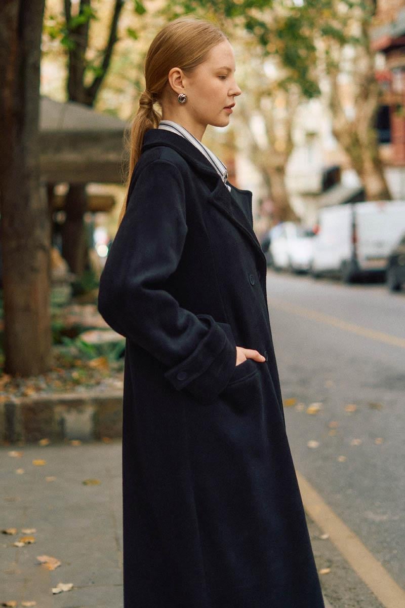 Pens Detaylı Kruvaze Kaban Siyah