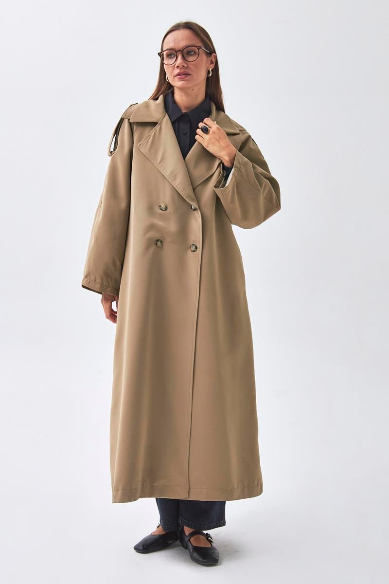 Pens Detaylı Kruvaze Trençkot Camel