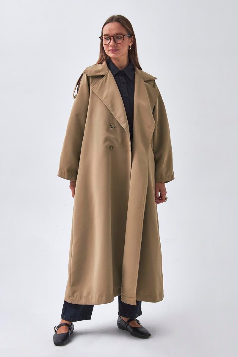 Pens Detaylı Kruvaze Trençkot Camel