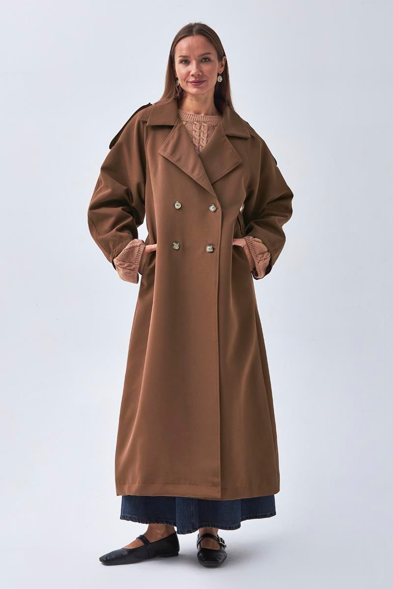 Pens Detaylı Kruvaze Trençkot Kahverengi