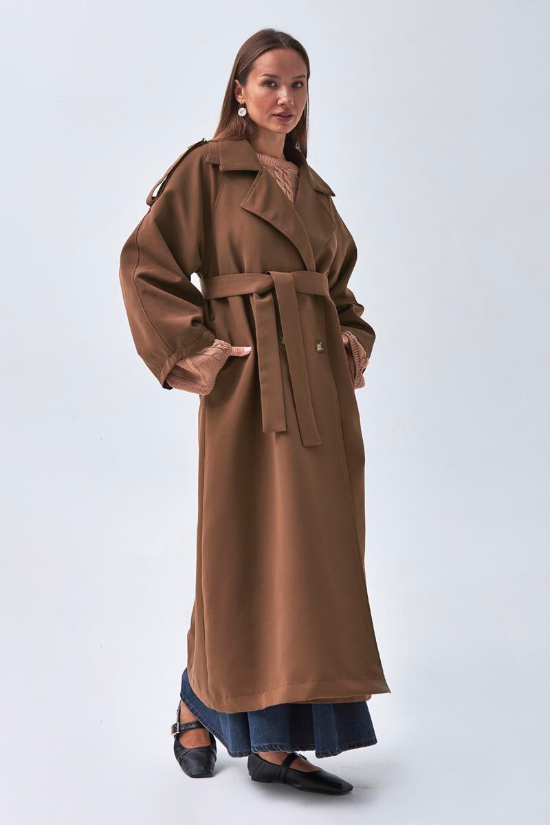 Pens Detaylı Kruvaze Trençkot Kahverengi