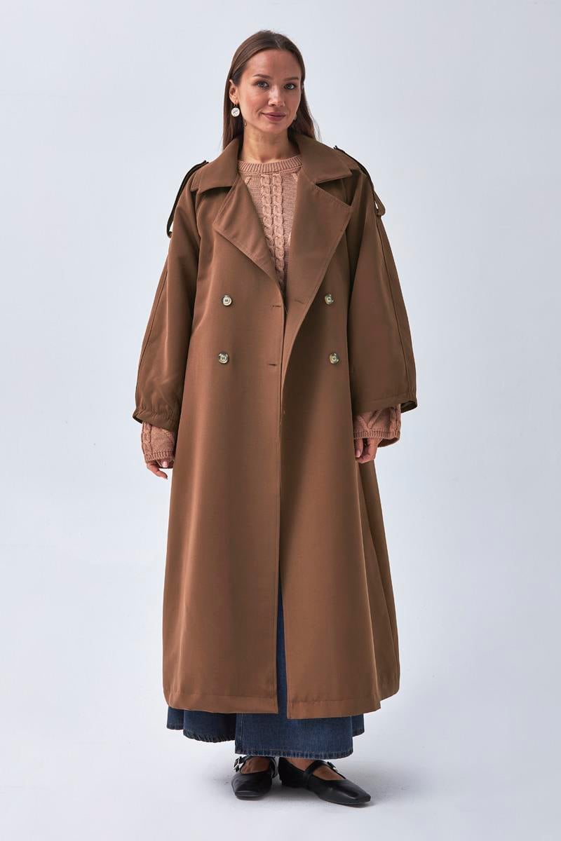 Pens Detaylı Kruvaze Trençkot Kahverengi