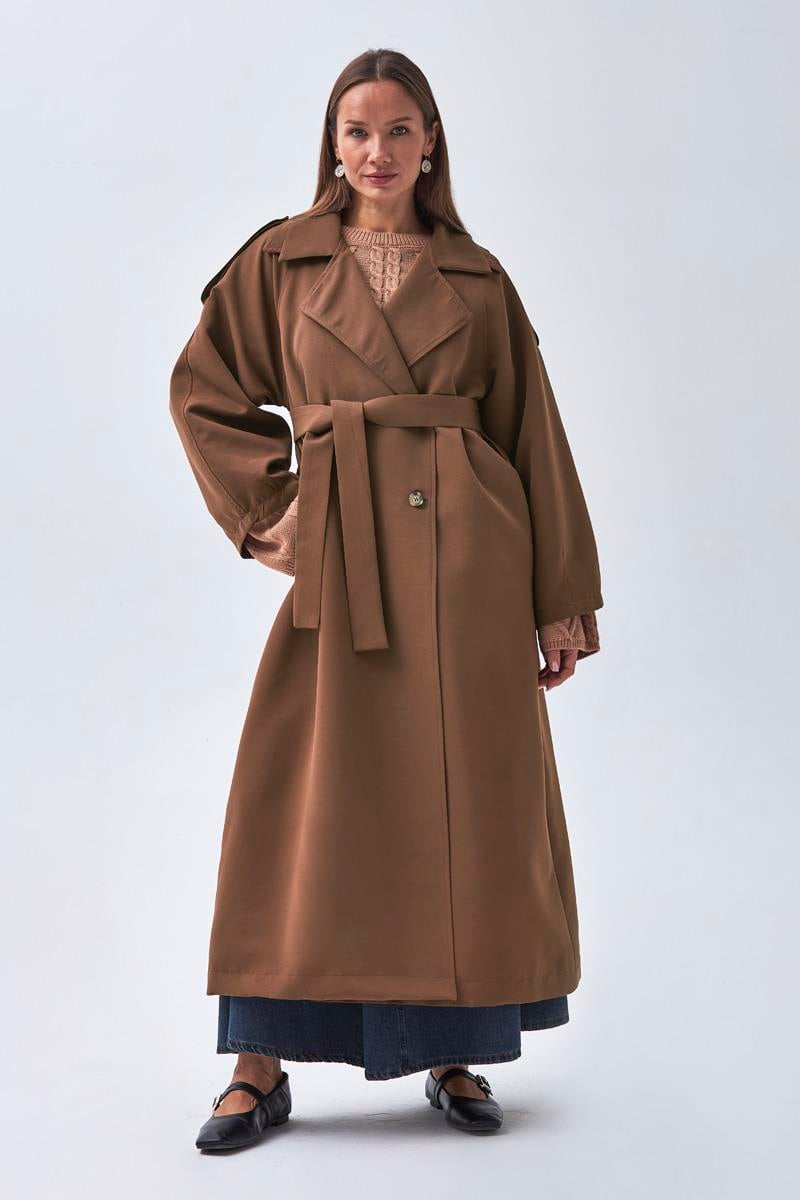 Pens Detaylı Kruvaze Trençkot Kahverengi