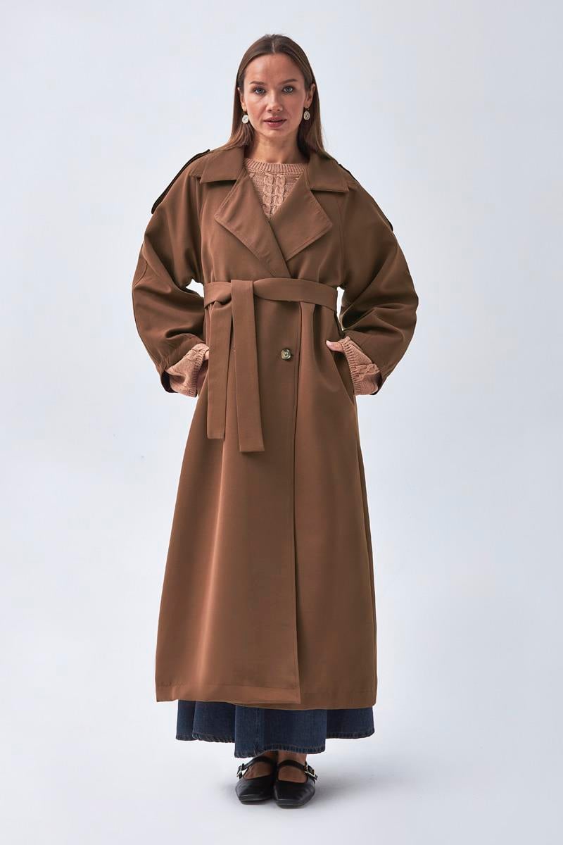 Pens Detaylı Kruvaze Trençkot Kahverengi