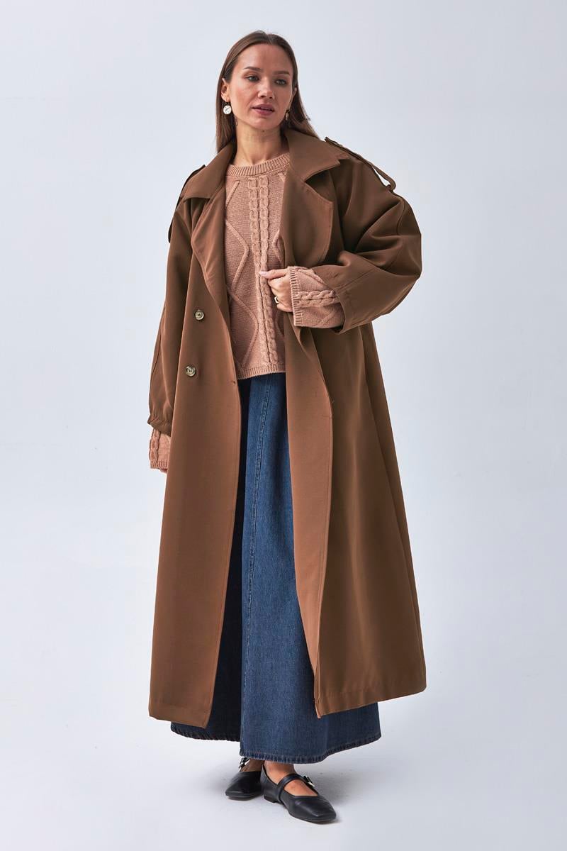 Pens Detaylı Kruvaze Trençkot Kahverengi