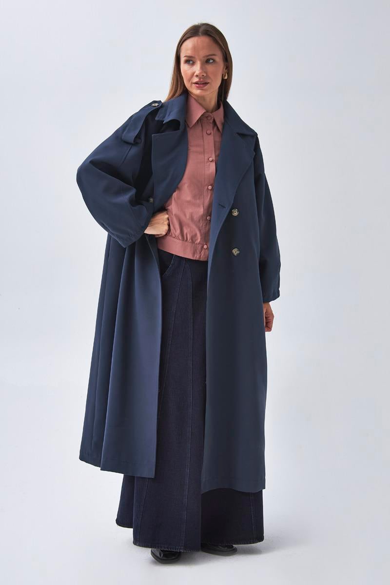 Pens Detaylı Kruvaze Trençkot Lacivert