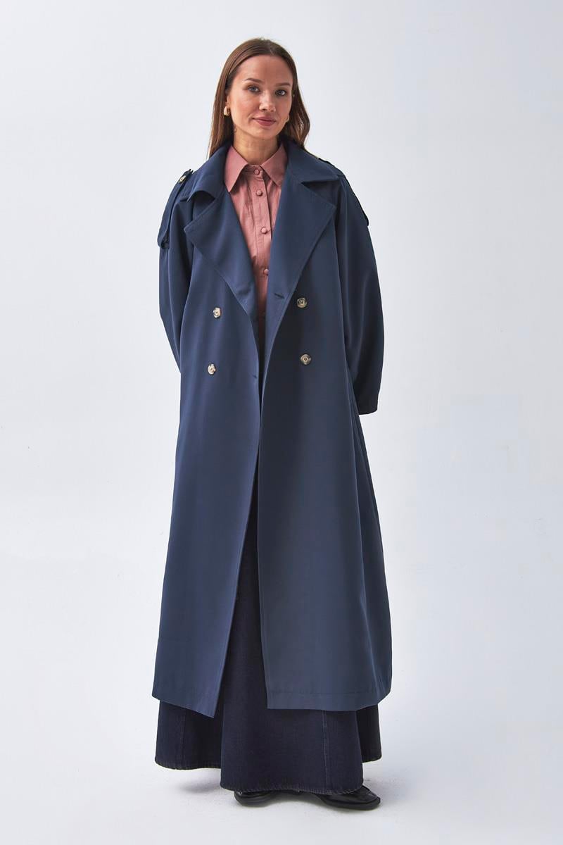 Pens Detaylı Kruvaze Trençkot Lacivert