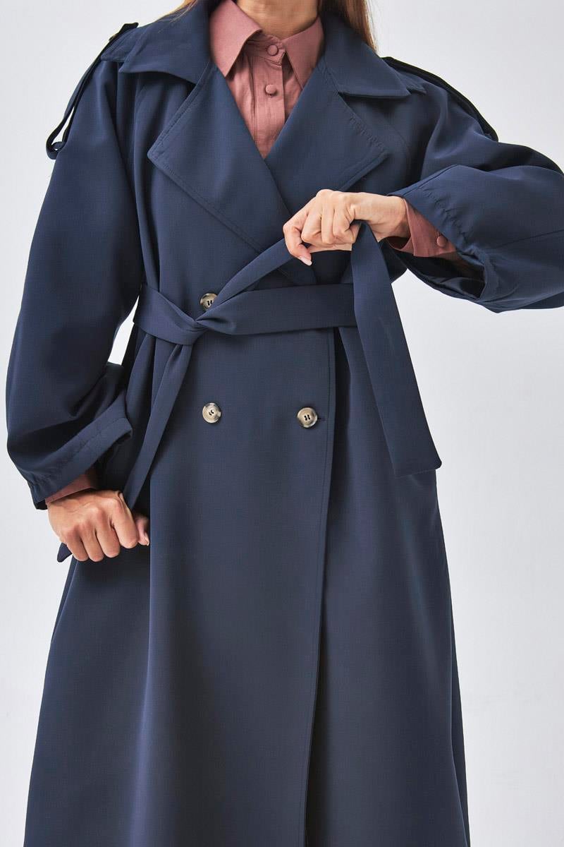 Pens Detaylı Kruvaze Trençkot Lacivert