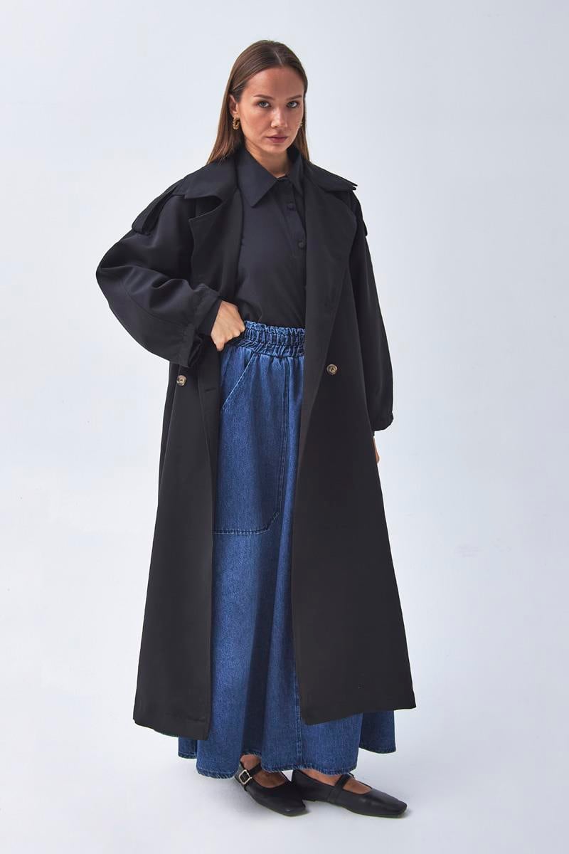 Pens Detaylı Kruvaze Trençkot Siyah