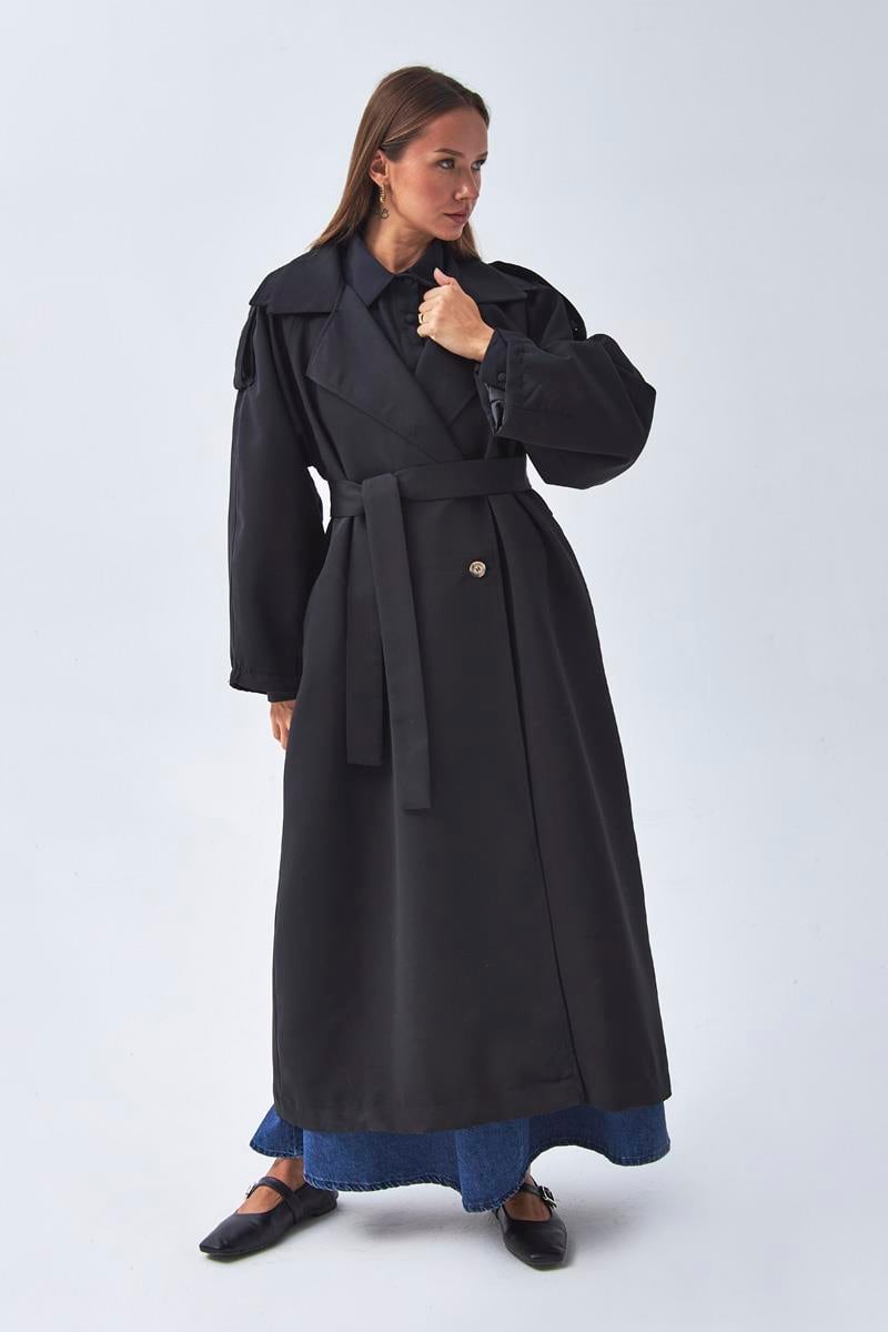 Pens Detaylı Kruvaze Trençkot Siyah