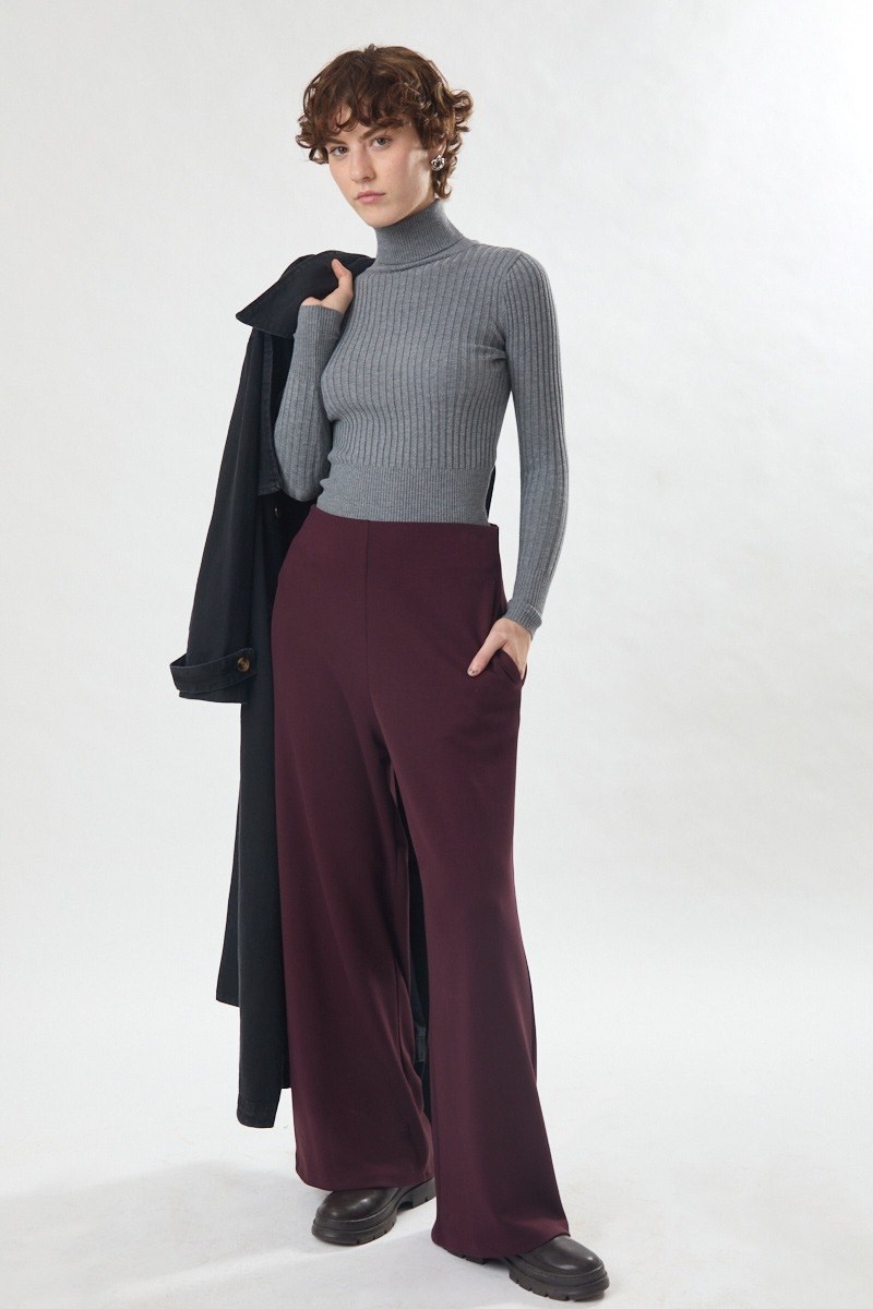 Pensli Geniş Paça Pantolon Bordo