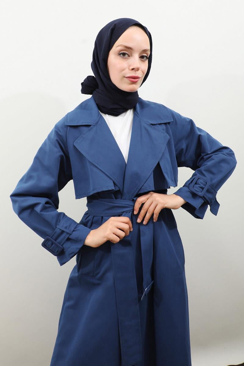 Pile Detay Trençkot Lacivert