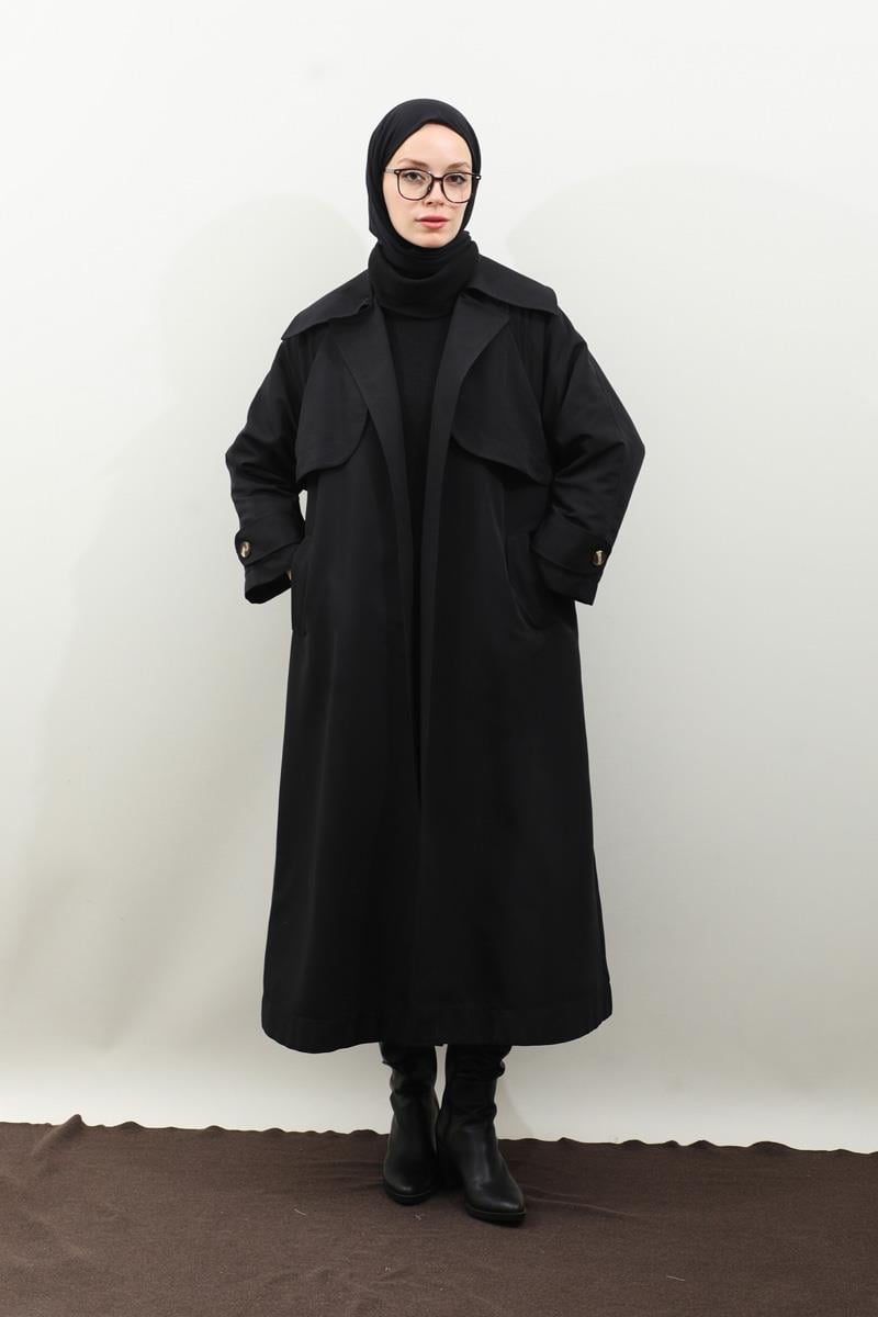 Pile Detay Trençkot Siyah
