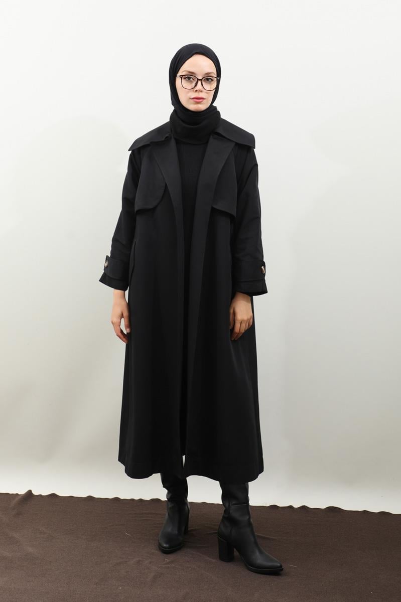 Pile Detay Trençkot Siyah