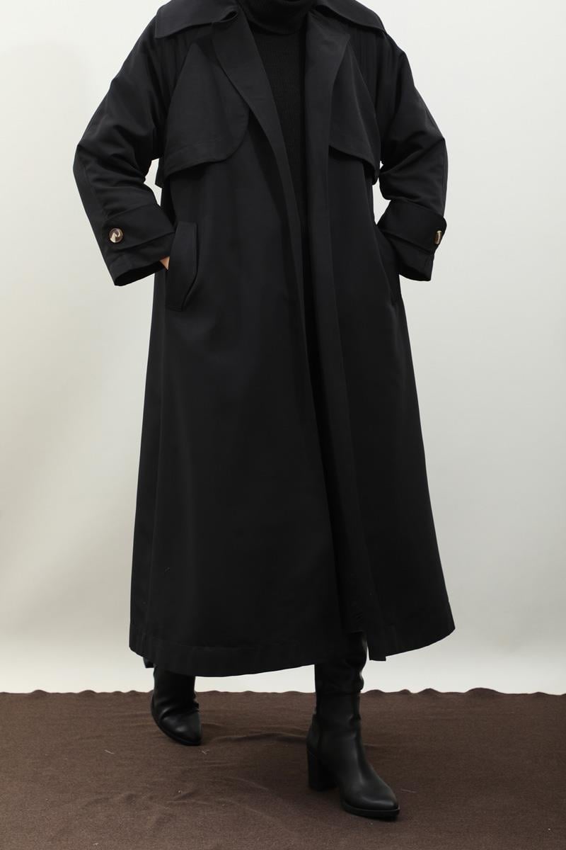 Pile Detay Trençkot Siyah