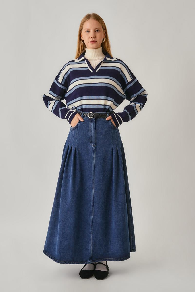 Pile Detaylı Denim Etek Açık Mavi