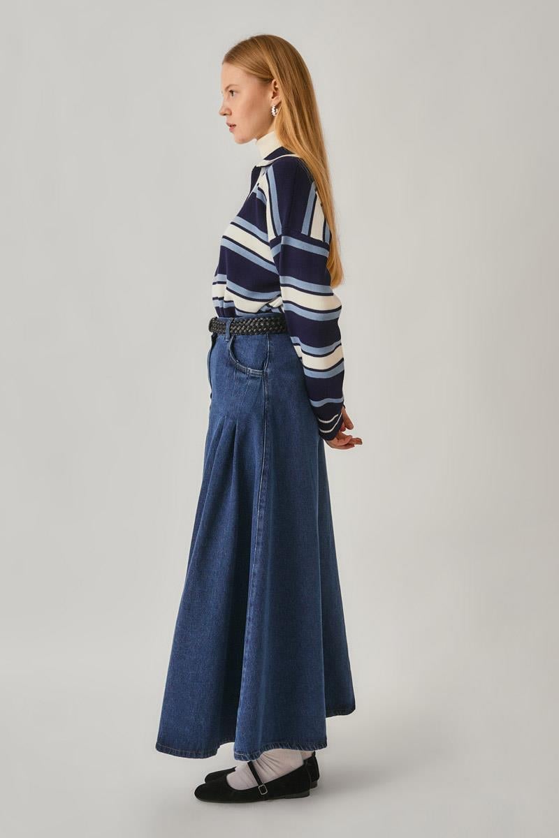 Pile Detaylı Denim Etek Açık Mavi