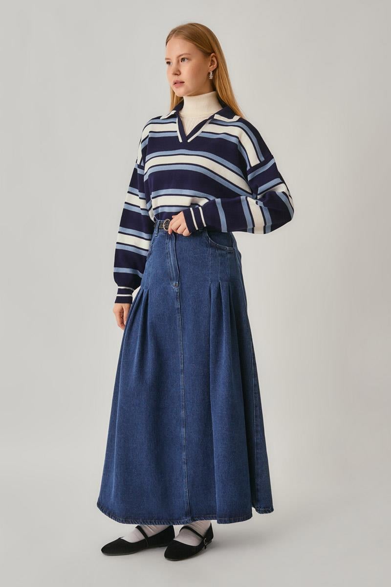 Pile Detaylı Denim Etek Açık Mavi