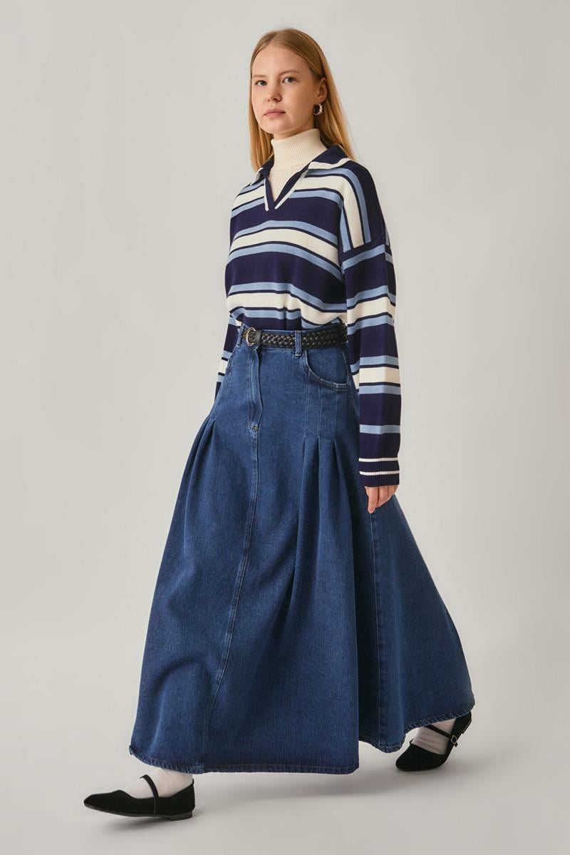 Pile Detaylı Denim Etek Açık Mavi