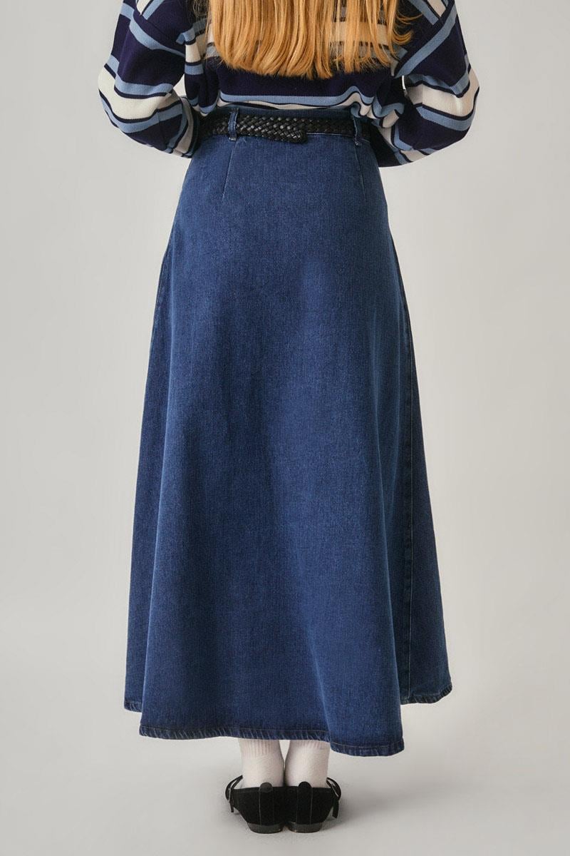 Pile Detaylı Denim Etek Açık Mavi