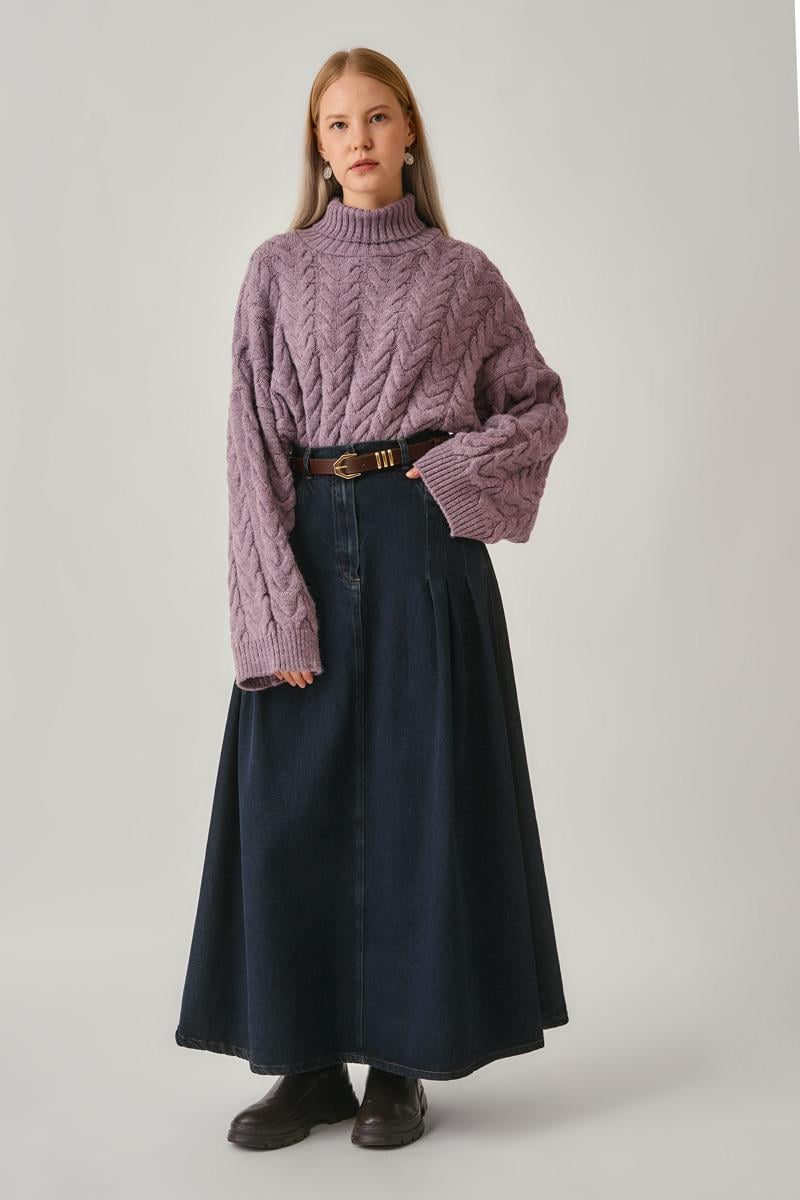 Pile Detaylı Denim Etek Koyu Mavi