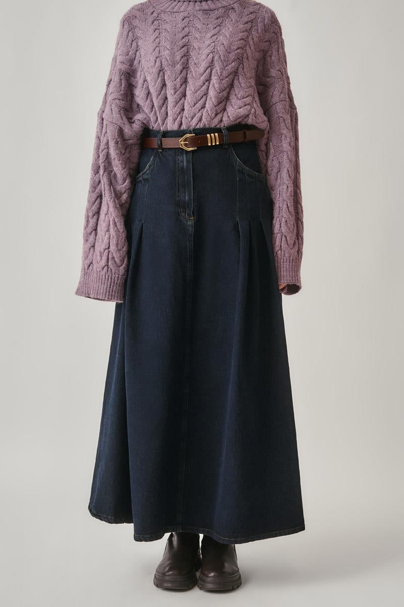 Pile Detaylı Denim Etek Koyu Mavi