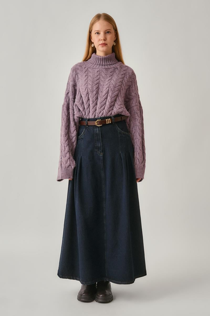 Pile Detaylı Denim Etek Koyu Mavi