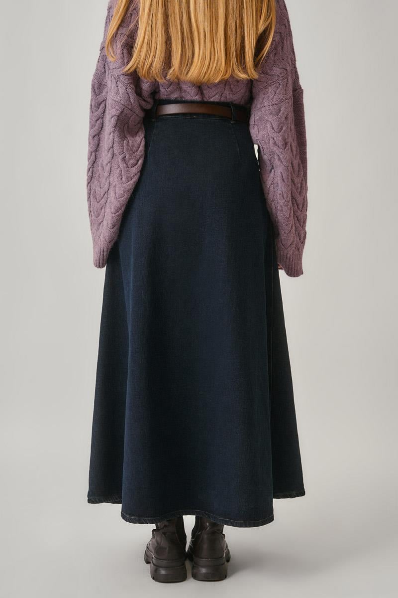 Pile Detaylı Denim Etek Koyu Mavi