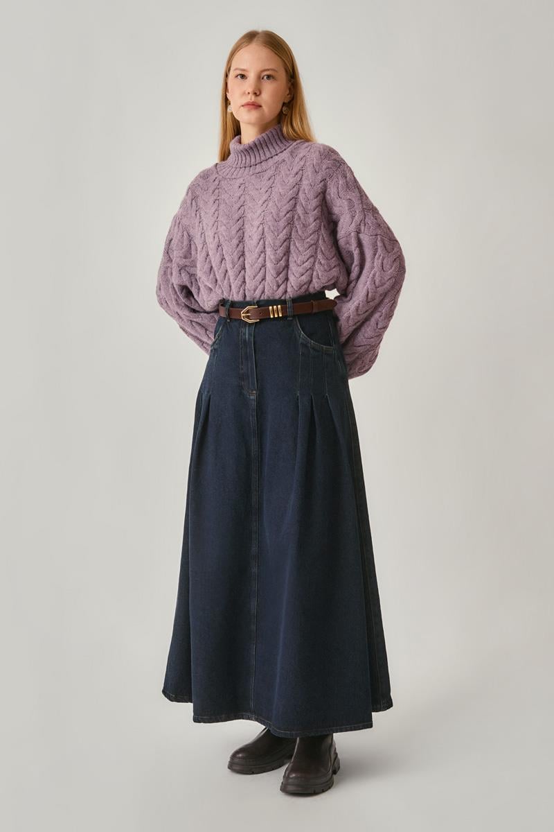 Pile Detaylı Denim Etek Koyu Mavi