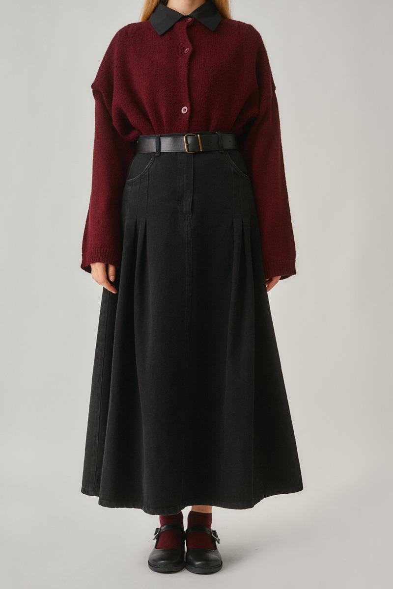 Pile Detaylı Denim Etek Siyah