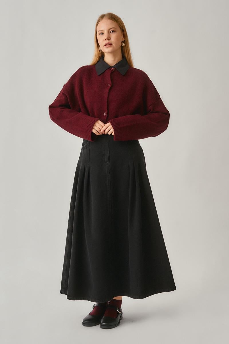 Pile Detaylı Denim Etek Siyah